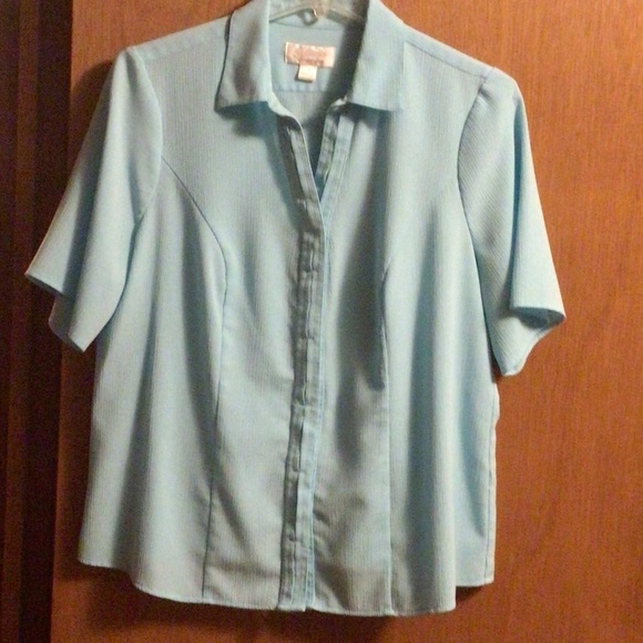 Light Blue Short Sleeve Button Down Top with Hidden Buttons - Picture 1 of 5